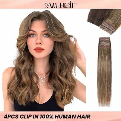 4 件装 8 个夹子直发接发 100% 真人发色 4# 浅棕色 + P4/27# 中棕色挑染蜜金色 12-18 英寸双纬隐形夹发接发雷米天然真人发适合女性女孩日常全头使用