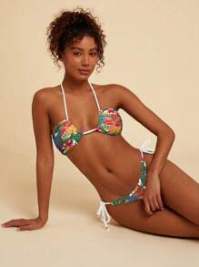 Travachic Tropical Print Halter Neck Bikini Top, For Beach Vacation - White - View 3