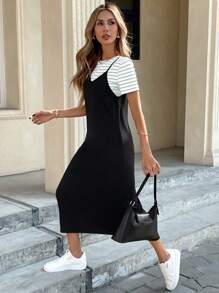 SHEIN LUNE 女士休闲条纹吊带背心和中长连衣裙，基本款两件套，适合春夏季日常穿着 - 綠色 - 查看 5