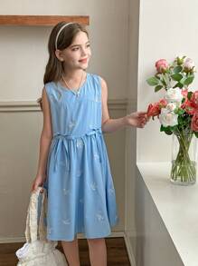 Tween Mädchen Schleife Dekor Rundhals ärmelloses Lässig Kleid