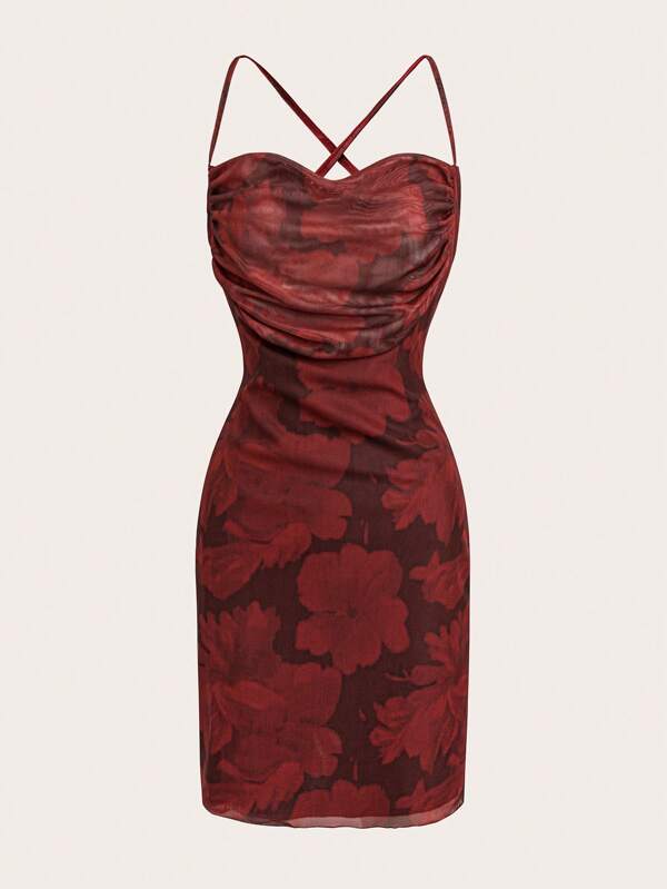 Chiquease Sexy Ruched Cinched Waist Sheer Mesh Printed Party Dress For Women