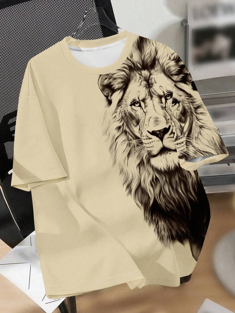 SHEIN 青少年男孩休闲时尚别致经典非洲野生狮头剪影印花短袖 T 恤，适合夏季