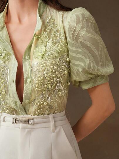 Anewsta 法式优雅女士手工串珠水钻装饰绿色短款泡泡袖衬衫
