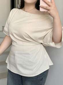 Dazy Plus Plus Size Asymmetrical Shoulder Solid Color Ruched Blouse Women Summer Shirts Linen - Apricot - View 8