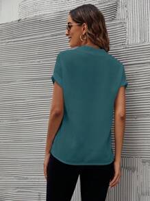 SHEIN Clasi 休闲短袖纯色缺口领衬衫，夏季 - 水鴨藍 - 查看 2