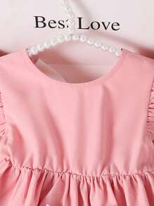 Young Girl Solid Color Round Neck Ruffle Trim Chiffon Dress - Pink - View 6