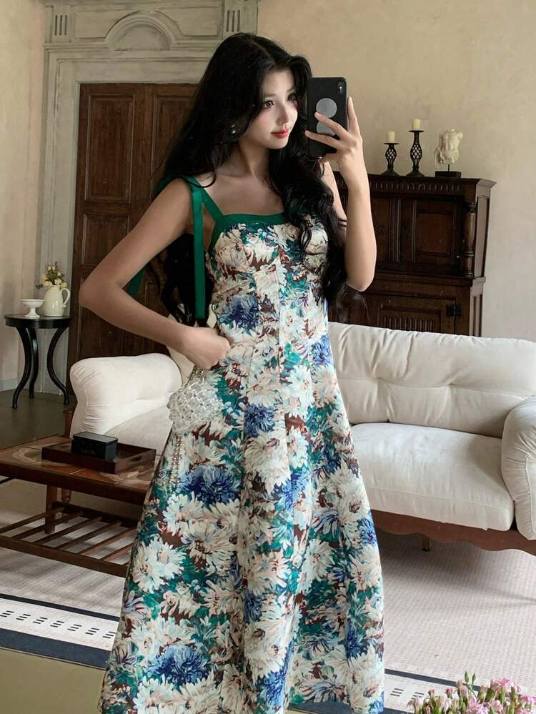 Sleeveless Floral Print Patchwork Square Neck Mid-Calf Dress For Women Boho
