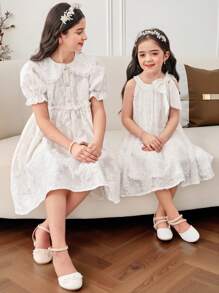 SHEIN Tween Girls Cute & Elegant Jacquard Organza Lace Peter Pan Collar Puff Sleeve Mini Dress - White - View 9