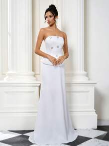 Coutiva Women's Rhinestone Flower Decorated Strapless Fancy Cocktail Party Dress - White - View 5