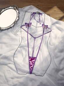 SpicyHot 女士超性感蝴蝶荷叶边系带俱乐部性感紧身衣，缎面 - 紫色 - 查看 6