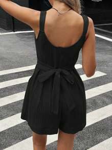 SHEIN Essnce Cotton Jumpsuit Pants For Women, Casual Vacation Design With Bow Accent