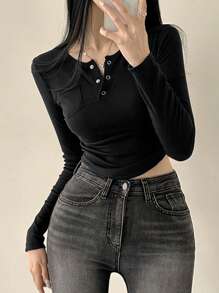 DAZY Women's Solid Color Button Up Ruched Long Sleeve Casual T-Shirt Crop Women Tops - Black - View 2