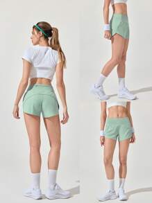 GLOWMODE 4英寸VitalSwift高腰跑步短裤，内置内裤抽绳口袋，适合日常健身，夏季速干吸湿排汗，防臭 - 0.霧綠 - 查看 8