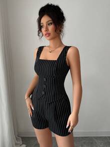 Chiquease 2 件套女士夏季条纹衬衫上衣和短裤套装 - 黑色 - 查看 7