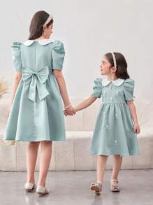 青少年女孩办公室优雅翻领短袖连衣裙 - 薄荷綠 - 查看 1