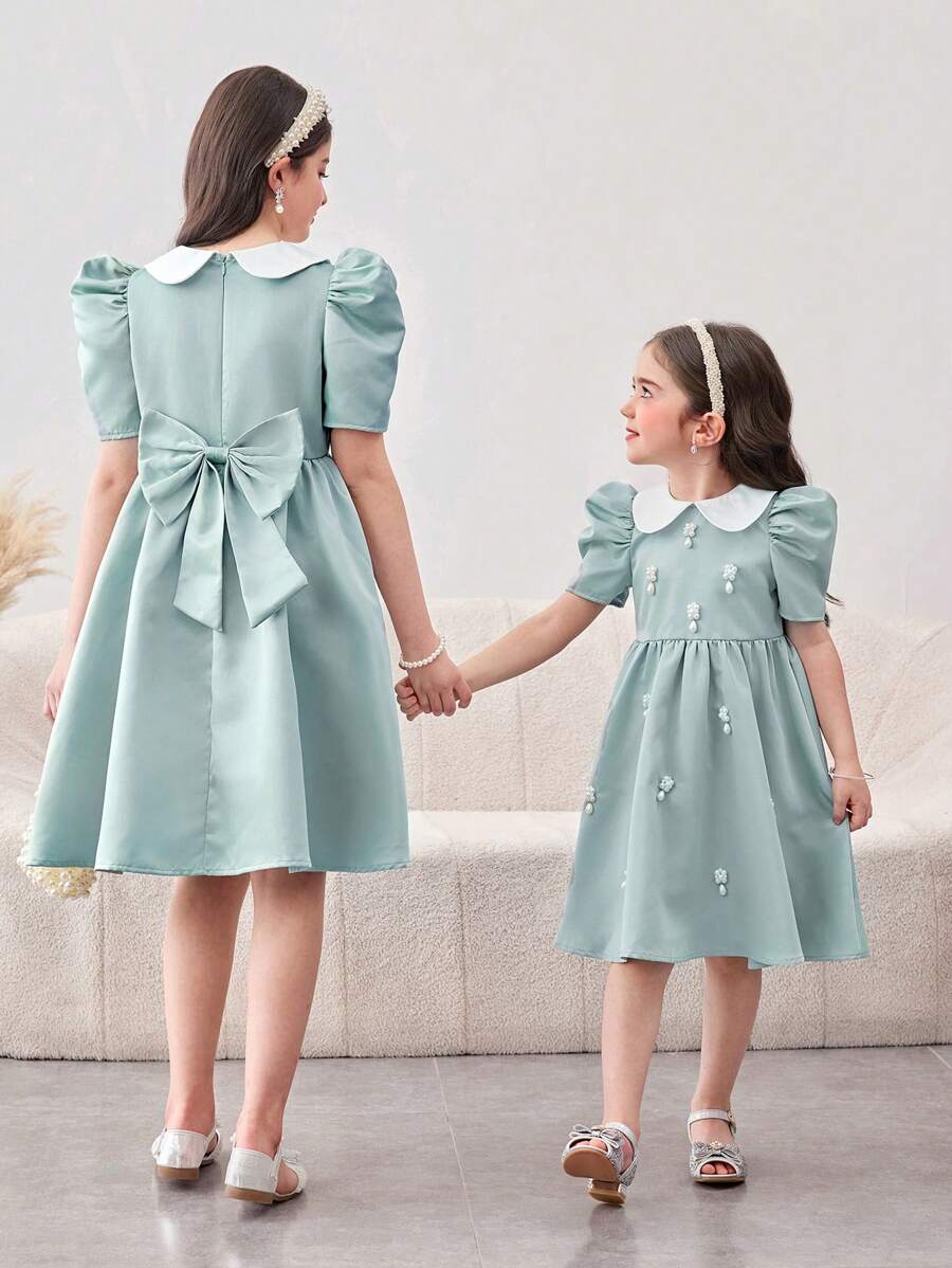 青少年女孩办公室优雅翻领短袖连衣裙 - 薄荷綠 - 查看 1