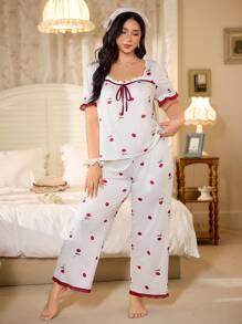 CottageSlumber Plus Size Romantic Floral Rose Print Contrast Color Lace Pajama Set Holiday Season - Rusty Rose - View 4