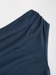 Sweetra Women Elegant Commuting Asymmetric Collar Solid Color Mini Dress Blue Alt - Brown - View 3