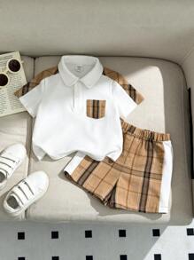 SHEIN 2 Stücke Baby Jungen/Mädchen Lässiges Preppy Karomuster Patchwork Poloshirt und khaki/schwarze karierte Shorts Set, geeignet für Geburtstags-Party, Taufe, 1. Geburtstagsfeier, Abendparty, Aufführung, Hochzeit und andere Anlässe