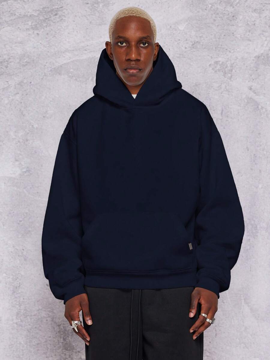 SUMWON 超大号厚重套头连帽衫，带中央口袋，运动街头风，秋冬必备分层运动衫 - 藍色 - 查看 1