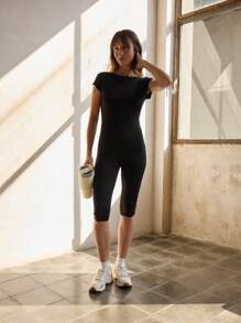 Nöista Women's Summer Solid Color Open Back Crossing Straps Bodycon Romper Short Sleeves Sports Jumpsuit Yoga Slimming Sexy Figure-Flattering - Blue - View 2