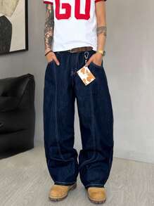 Manfinity Hypemode Pantalones vaqueros de pierna ancha azules con bolsillos y cremallera para hombres