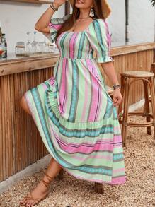 Flirla Plus Size Holiday Floral Print Regular Short Sleeve Dress, Spring/Summer - Green - View 6