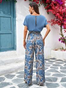 SHEIN Clasi Mono elegante de mujer con cuello redondo, cinturón y pernera ancha