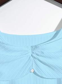 GlowEve 针织条纹纹理拼布纽扣装饰奢华法式白色短袖上衣女士夏季 - 藍色 - 查看 3