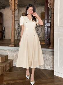 DAZY Vestido de mujer a media pierna de unicolor con cuello en V, mangas abullonadas y plisado - Beis - Ver 1