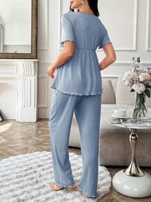 Moonlight&Mama Solid Color V-Neck Ruffle Short Sleeve & Long Pants Maternity Pajamas Set - Blue - View 2