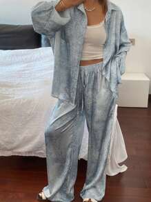 Livesso Conjunto informal de 2 piezas de camisa de manga larga y pantalones de pierna ancha con estampado de leopardo para mujer, para primavera/verano