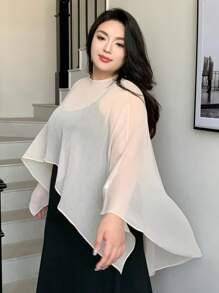 Dazy Plus Plus Size Crew Neck Sheer Batwing Sleeve Asymmetrical Hem Elegant Sheer Top,Crop Tops Women