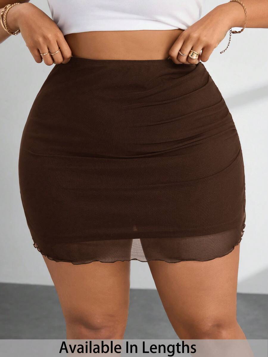 SHEIN PETITE CURVE 大码黑色针织网眼女裙 - 棕色 - 查看 1