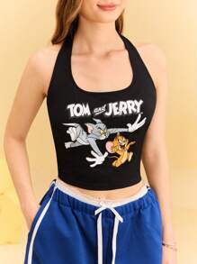 TOM & JERRY X SHEIN Cartoon Pattern Halter Neck Cropped Tight Black Summer Comfort, Casual Cartoon Fun Cat And Mouse Print Pattern Women's Top