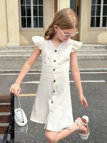 SHEIN Tween Girls Elegant Off-White Summer Party Dress,Woven Texture V-Neck Button Down Front Ruffle Waist Casual Holiday Outing Spring Trip And Vacation - Beige - View 5