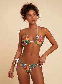 Travachic Tropical Print Halter Neck Bikini Top, For Beach Vacation - White - View 6