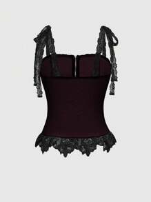 ROMWE Goth 复古仙女哥特风格蕾丝拼接绷带文胸短款上衣，夏季女士 - 酒紅色 - 查看 2