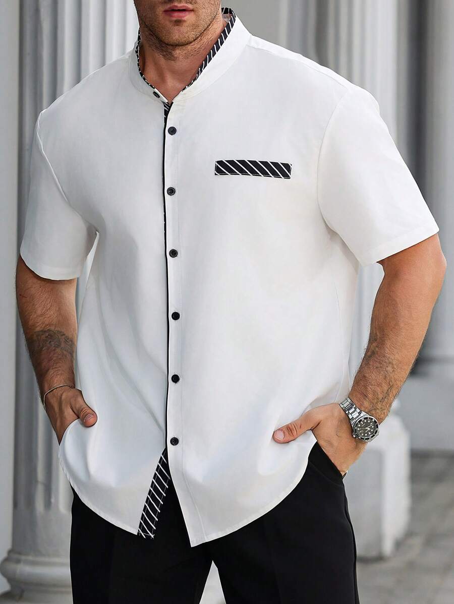 Manfinity Homme Plus Size Men's Solid Color Short Sleeve Shirt, Fashion For Summer - White - View 1