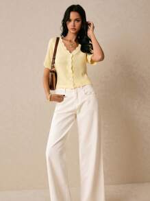 Poéselle 女式夏季简约纯色贝壳边纽扣前短袖针织上衣 - 黃色 - 查看 3