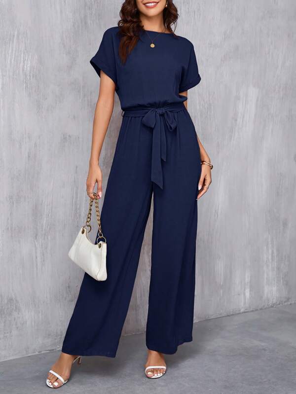 SHEIN Clasi Eleganter Jumpsuit für Damen mit rundem Ausschnitt, Gürtel und weitem Bein