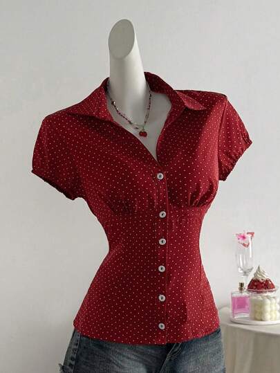 Elamini Blusa de mujer de ajuste slim con manga corta y estampado a lunares