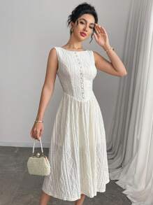 Modelyn Vestido Midi de Linha A com Cintura Franzida em Jacquard Elegante para Mulheres - Bege - Visão 3