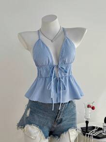 Sweetra 女士夏季假期蓝色条纹前系带蝴蝶结交叉露背吊带背心 - 藍白色 - 查看 3