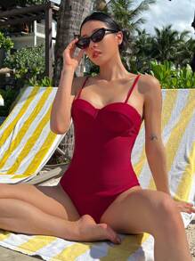 DAZY Women's Solid Color Spaghetti Strap Sexy One-Piece Swimsuit Vacation - Burgundy - View 6