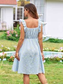 KURAYIA Plus Size Women's Deep V-Neck Bowknot Front Gathered Waist A-Line Dress,Daisy Print Pleated Fabric,Blue And White,Summer,Cute,Picnic,Holiday Vacation - Blue - View 2