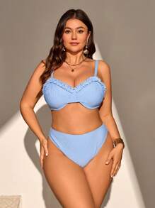 Swim Mod Plus Size Solid Color Spaghetti Strap Swimsuit & Triangle Swim Bottoms Set For Summer Beach Vacation - Blue and White - View 5