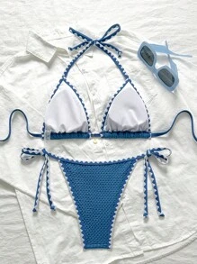 Swim Mod Conjunto de bikini azul de 2 piezas para mujer con volantes y tirantes de tela jacquard de unicolor para el verano
