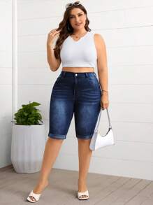 SHEIN Essnce Plus Size Casual Washed Slim Fit Denim Shorts - Dark Wash - View 6