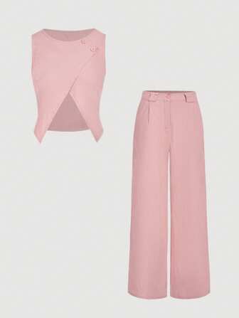 SHEIN Privé Women's Casual Two-Piece Outfit: Sleeveless Round Neck Crop Top And Wide Leg Pants Set In Pink Woven Fabric